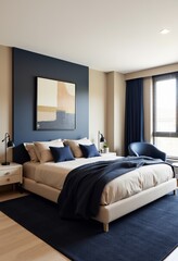 Fototapeta premium Modern Beige and Dark Blue Bedroom Design: Low-Profile Bed, Minimalist Nightstands, and Cozy Accents for a Relaxing Atmosphere