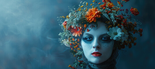 captivating portrait of woman adorned with vibrant floral crown, featuring mix of colorful flowers and mystical atmosphere. Her striking makeup and expression evoke sense of enchantment and intrigue