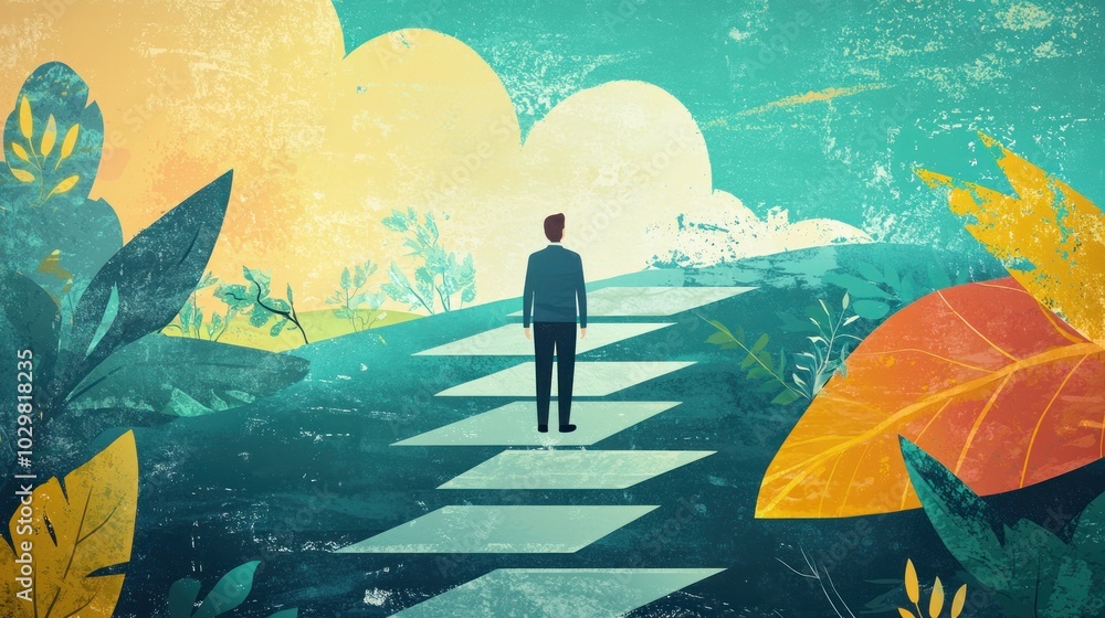 Poster an illustration showing a businessperson navigating through the different steps of change management