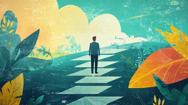 An illustration showing a businessperson navigating through the different steps of change management.