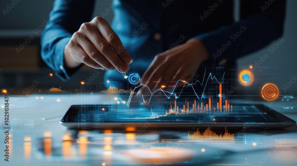 Poster a project manager working on a digital change management plan on a tablet with strategy graphs and c