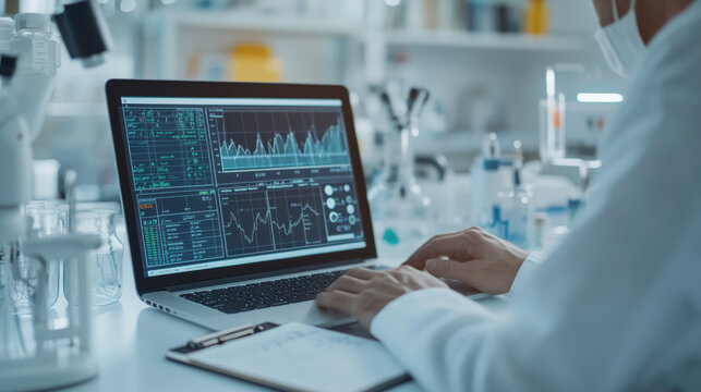 Lab technical student sitting in white labcoat typing on laptop, screen on laptop has charts and graphs with legal pad next to him with notes in Laboratory Medicine, Lab Diagnostics, Drug development