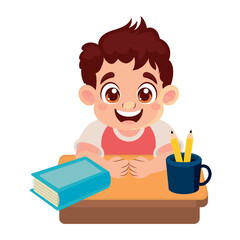 little student boy with book and pencils holder