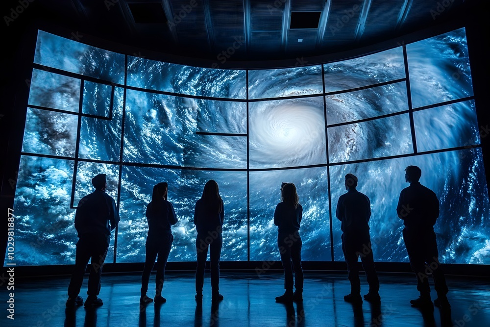 Poster team of scientists monitoring real time storm data on large digital screens for environmental