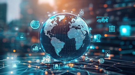 A globe surrounded by business icons representing global change management strategies.