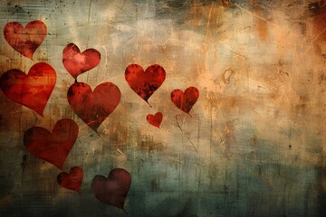 A group of red heart shaped balloons floating in the air