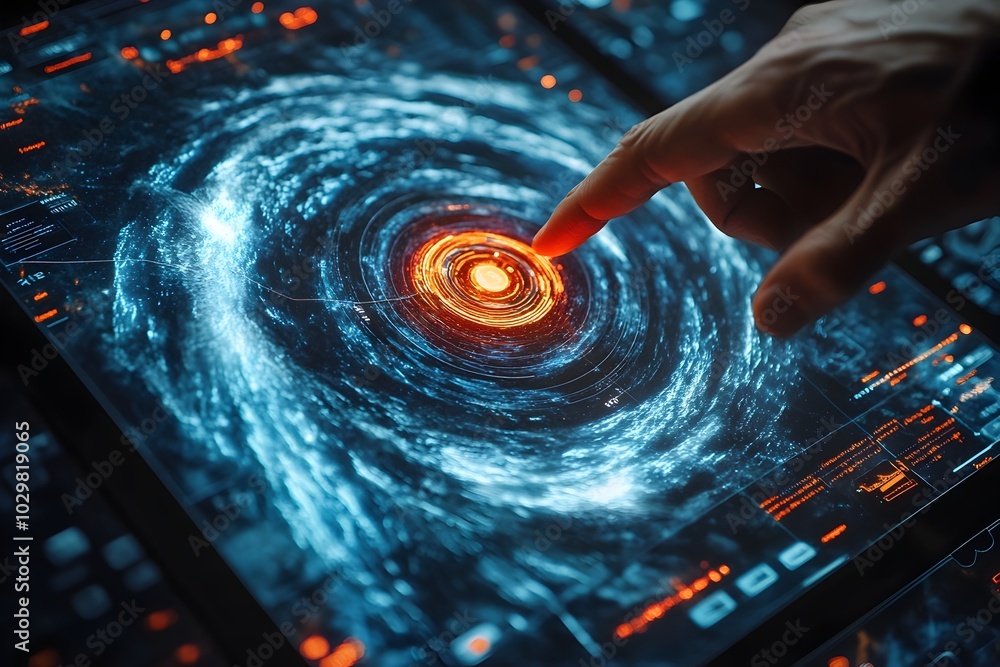 Poster close up view of a person s hand controlling storm simulation on a tablet