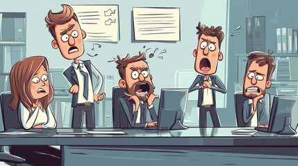 A light-hearted cartoon showing an office team struggling to adapt to a new change management process.