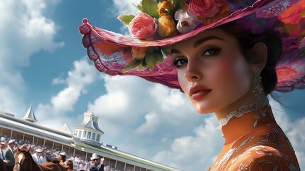 Horse racing fashion, woman wearing a fashionable colourful flower hat and fancy dress. Retro modern elegant sports event spring carnival, race track and horse background. Melbourne Cup in Australia.