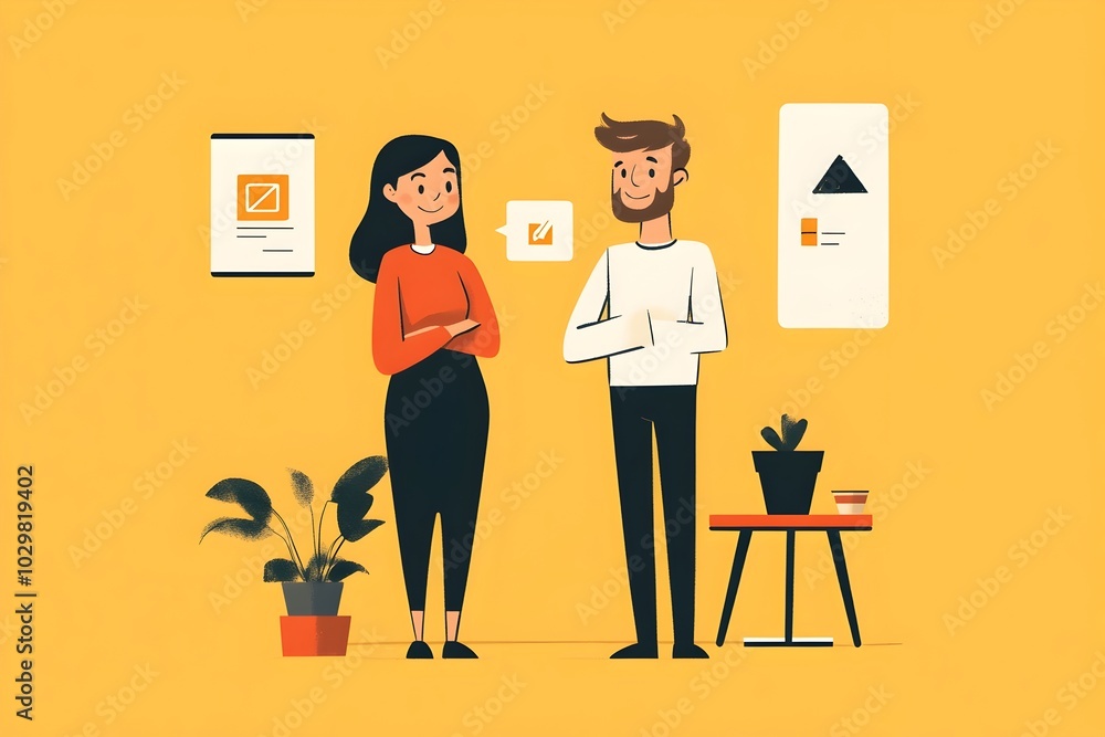 Poster flat style characters explaining ux tips to colleague in office workspace