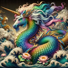 Majestic Mythical Fusion: A Hyper-Realistic Serpentine Unicorn-Dragon in an Ornate Oceanic Realm with Iridescent Scales, Flowing Multicolored Mane, Golden Horn, and Blooming Lotus Amid Swirling Waves