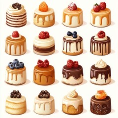 Collection of Delicious Mini Cakes with Various Toppings Illustration
