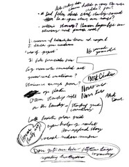 Non-Readable Handwritten Document for Creative Backgrounds & Textures. Complete with lines, circles, outlines, scribbles, and scratched out words.