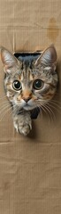 Cute cat peeking through a cardboard box, curious expression