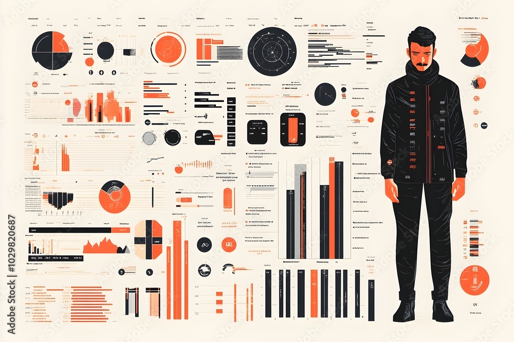 Poster vertical infographic with flat style character presenting analytical data in a three color palette