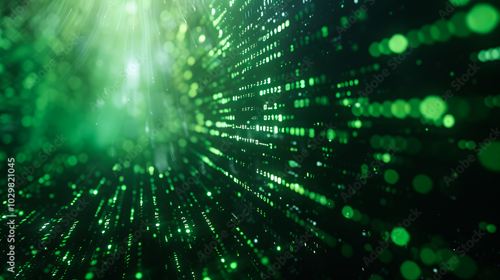 Poster digital binary code data streaming on a dark, greenish abstract background, reflecting the concept o