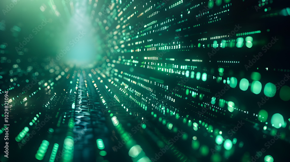 Poster digital binary code data streaming on a dark, greenish abstract background, reflecting the concept o