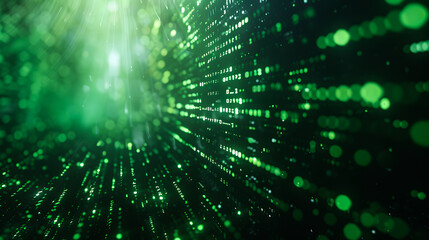 Digital binary code data streaming on a dark, greenish abstract background, reflecting the concept of technology