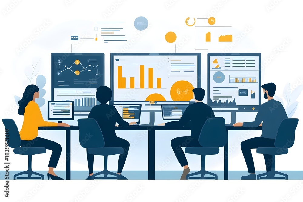 Poster a group of marketers analyzing infographic drafts on multiple screens for audience engagement and