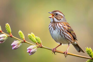 Symmetrical Song Sparrow singing in Spring perched on a branch on a clean neutral background