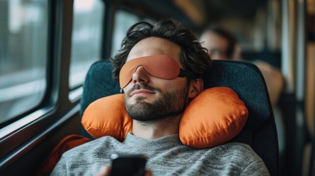 Peaceful traveler, A man resting comfortably on a bus with a neck pillow and eye mask, smiling softly as he holds his phone, embodying relaxation and serenity during a calm journey - Powered by Adobe
