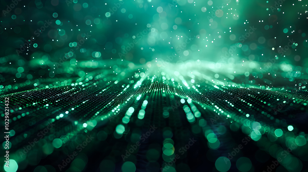 Poster digital binary code data streaming on a dark, greenish abstract background, reflecting the concept o