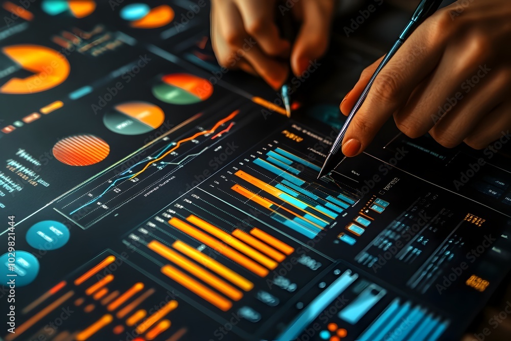 Aufkleber graphic designer aligning charts and icons in infographic software for data visualization