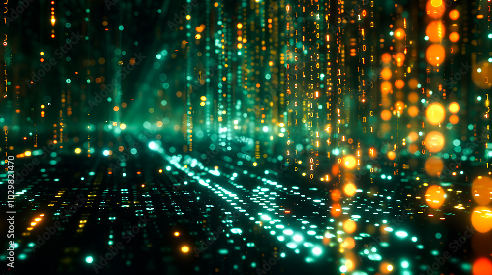 Poster digital binary code data streaming on a dark, greenish abstract background, reflecting the concept o