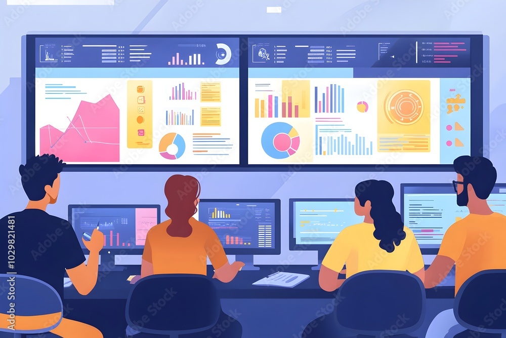 Aufkleber group of business professionals analyzing infographic drafts on multiple digital screens for data