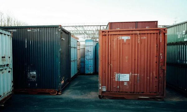 Close-up shot of individual shipping container boxes in a storage area