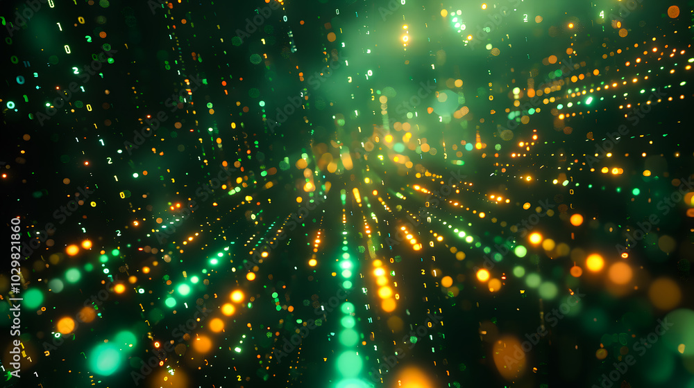 Poster digital binary code data streaming on a dark, greenish abstract background, reflecting the concept o