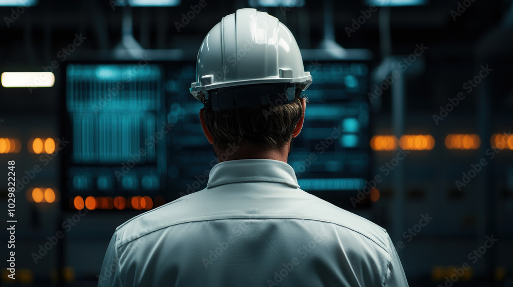Poster engineer examining transformer in control room, focused on screens displaying data and metrics. atmo