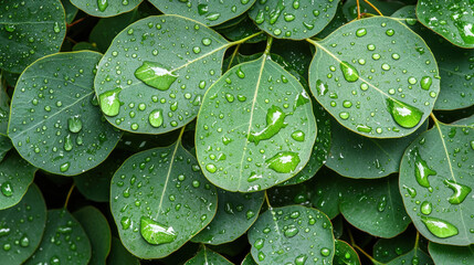 Close up of green eucalyptus leaves with water droplets, showcasing their vibrant color and fresh appearance. droplets add refreshing touch to lush foliage