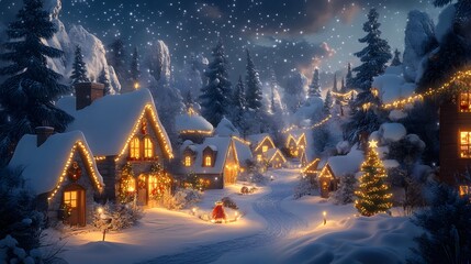 Fototapeta premium A quaint snow-covered village at night