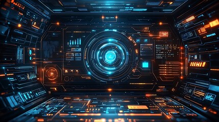 Fototapeta premium Futuristic Sci Fi Interface with Glowing Blue and Orange Digital Displays