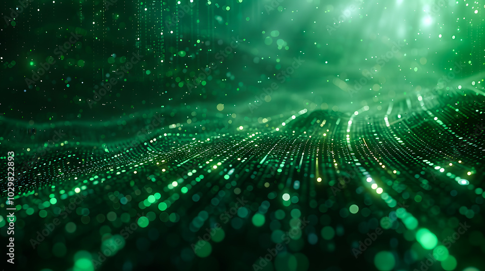 Poster digital binary code data streaming on a dark, greenish abstract background, reflecting the concept o