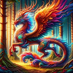 Guardian of the Enchanted Forest: A Hyper-Realistic Fiery Qilin-Dragon with Vibrant Wings, Ornamental Patterns, and Iridescent Scales Standing Majestically Amidst Sunlit Trees in a Mystical Woodland