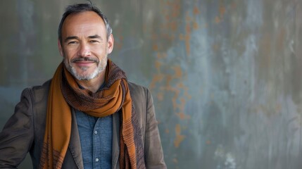Fototapeta premium Smiling man in a brown jacket and scarf