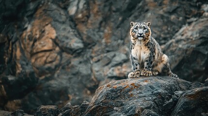 Majestic Snow Leopard Perched on Rocky Terrain