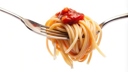 Symmetrical tasty spaghetti with red sauce on fork isolated on white background