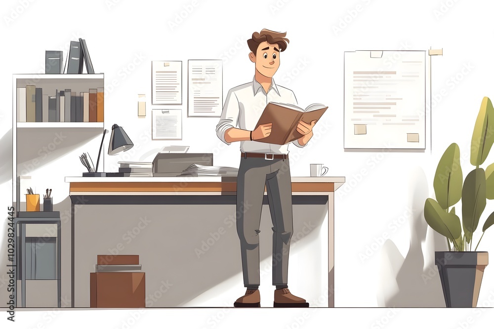 Poster professional character reviewing a document at a tidy organized desk in a calm office environment