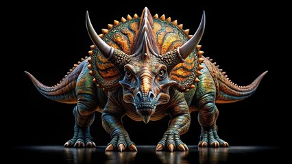 Symmetrical Triceratops dinosaur illustration on black background