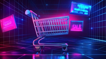 Futuristic shopping cart with glowing neon sale signs for Cyber Monday