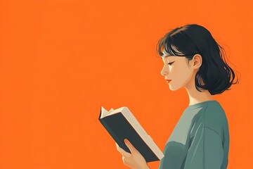 Asian Woman Reading a Book Against an Orange Minimalist Background