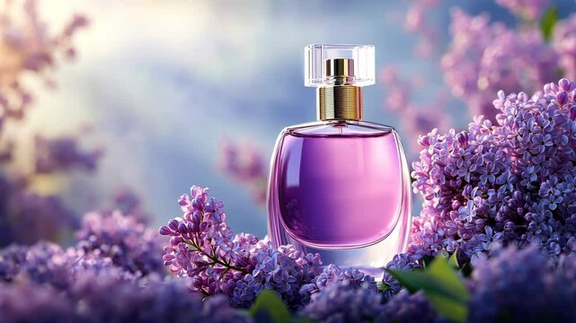 A bottle of perfume sits among blooming lilac flowers in the springtime sun