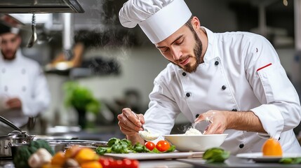 Chef Creating a Gourmet Dish in a Modern Kitchen