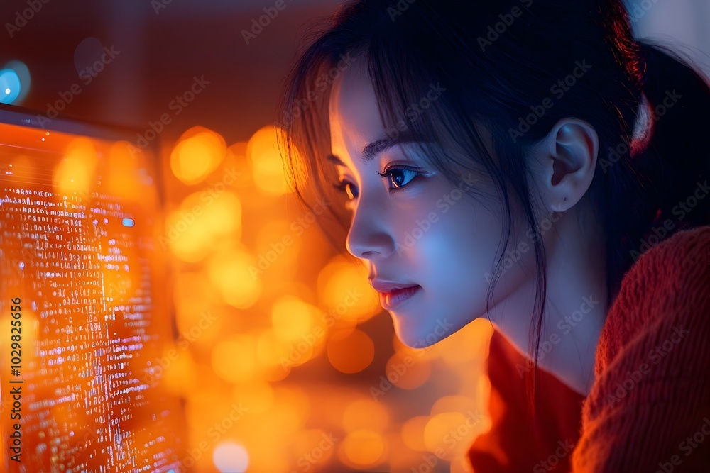 Poster asian tech developer working on futuristic digital workspace with glowing orange background