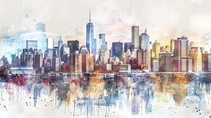 Panoramic Cityscape Watercolor
