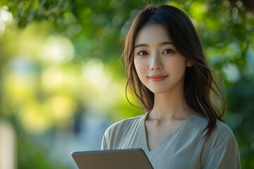 Fototapeta premium Asian Woman Analyzing Data on Tablet in Front of Green Background