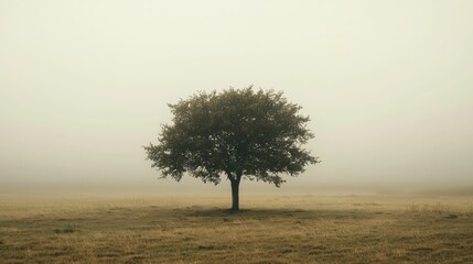 Lone Tree in Foggy Landscape